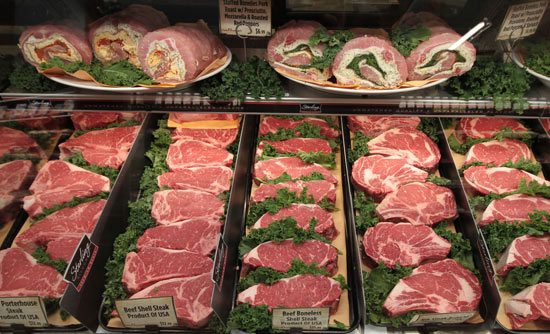 Butcher case containing different types of meat