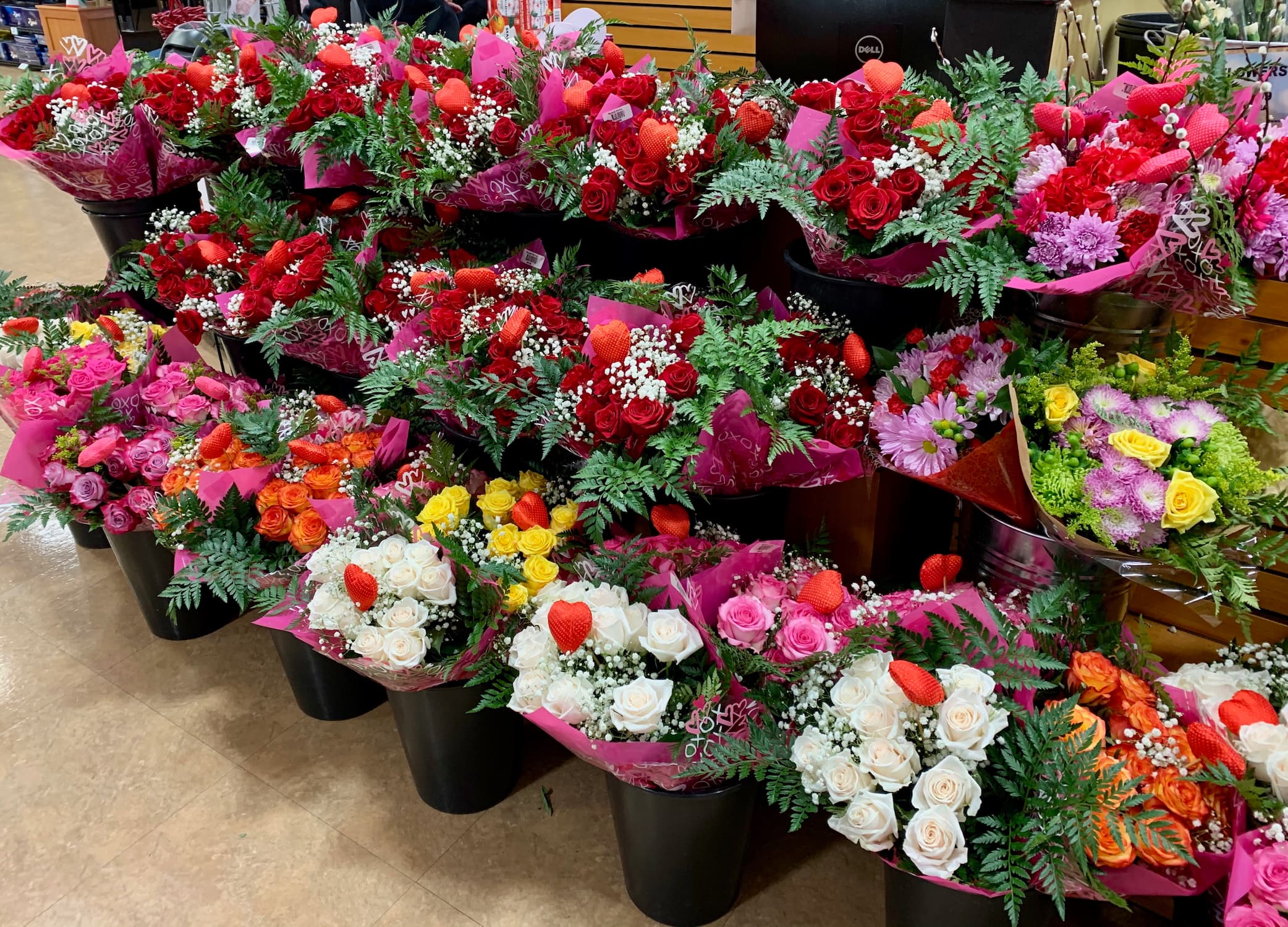Display with various types and colors of flowers