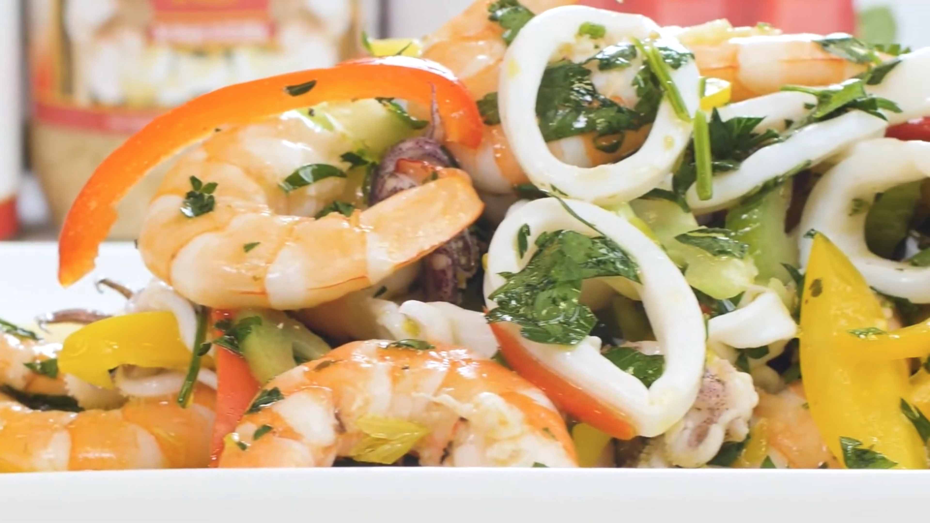 Shrimp, peppers and calamari on a plate