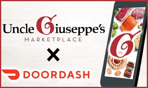 Uncle giuseppes and DoorDash logo with an X in the middle to represent collaboration next to a phone with Uncle Giuseppe's logo G on it over a selection of their grocery offerings.