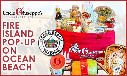 Uncle Giuseppe's red bag with summer groceries on an italian background with the words FIRE ISLAND POP UP ON OCEAN BEACH