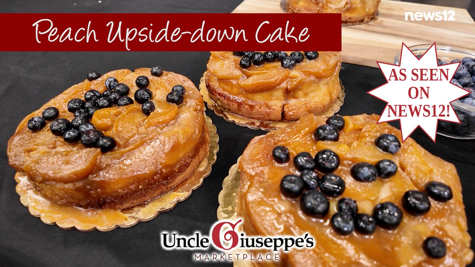 Close up of 3 peach upside down cakes