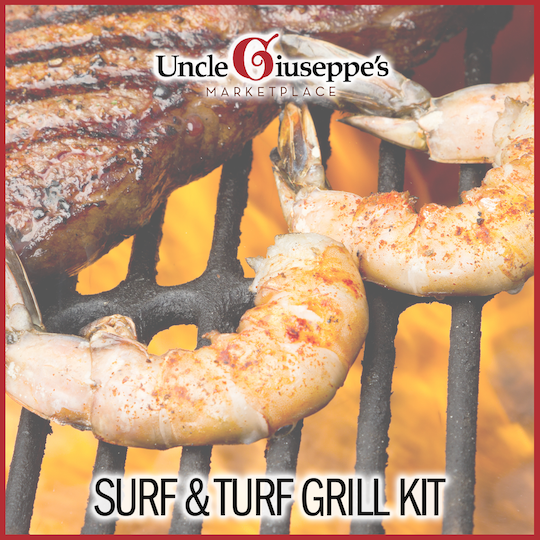 Shrimp and steak on a fired up grill with "Surf and turf grill kit" written on it with the Uncle Giuseppe's logo