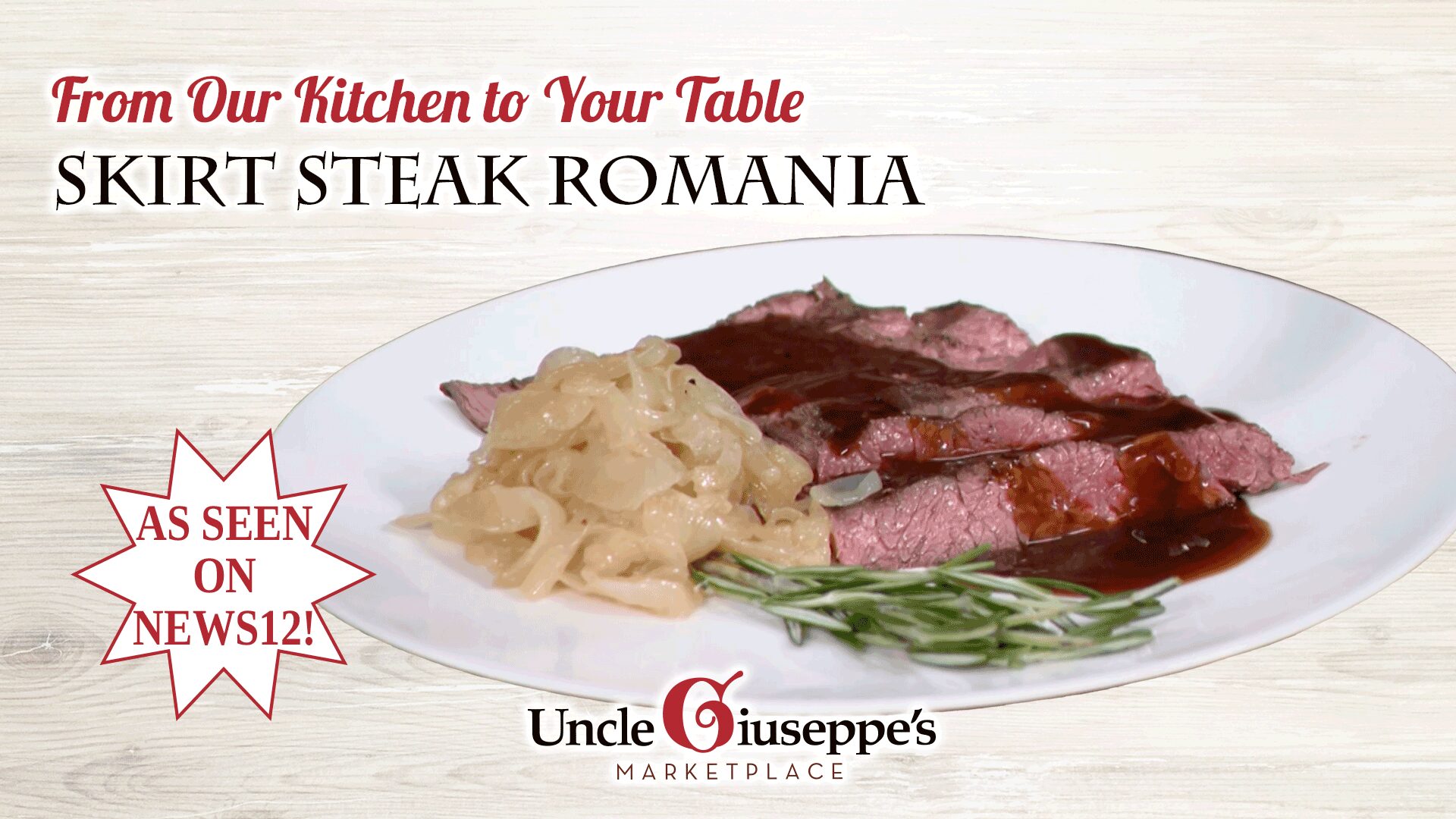 Skirt steak Romania on a white plate with sauce drizzled on it and sautéed onions