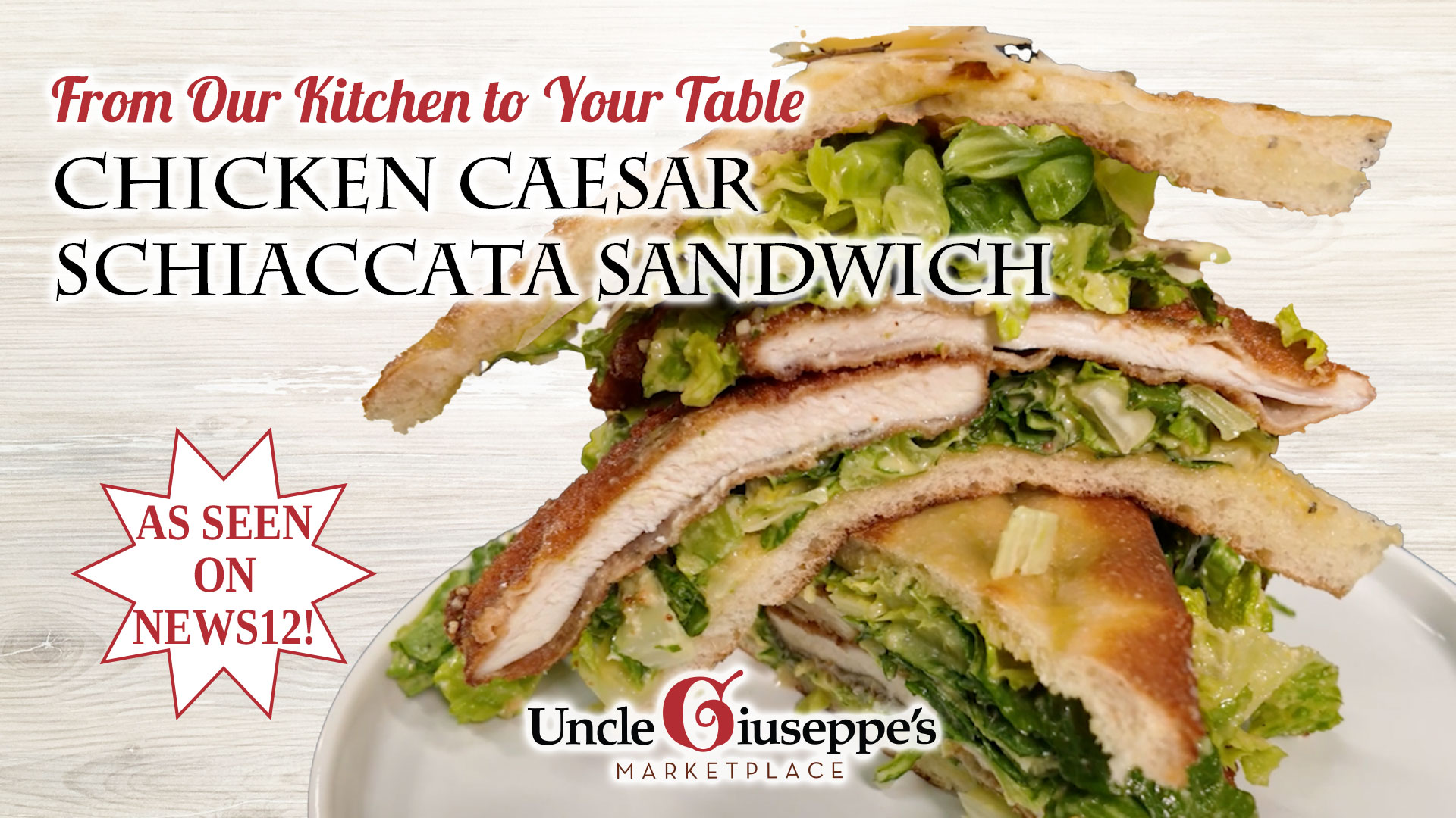 Chicken caesar salad on focaccia bread stacked o a white plate