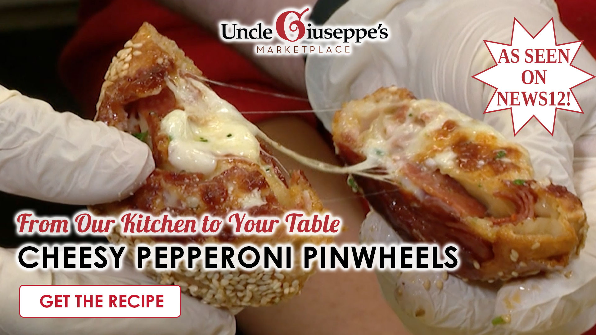 Gloved hands pulling pepperoni pinwheel apart for cheese pull