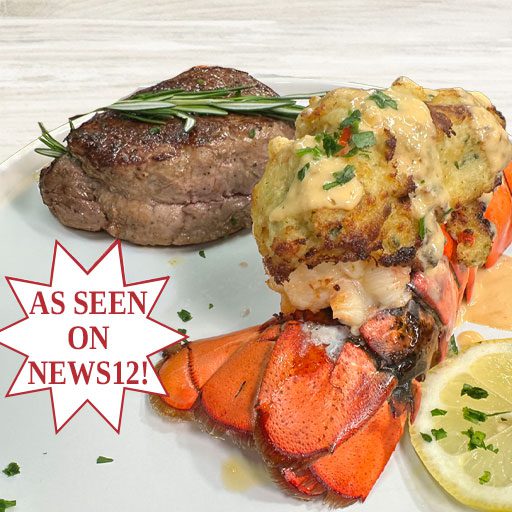 Filet mignon and stuffed lobster tail on a white plate