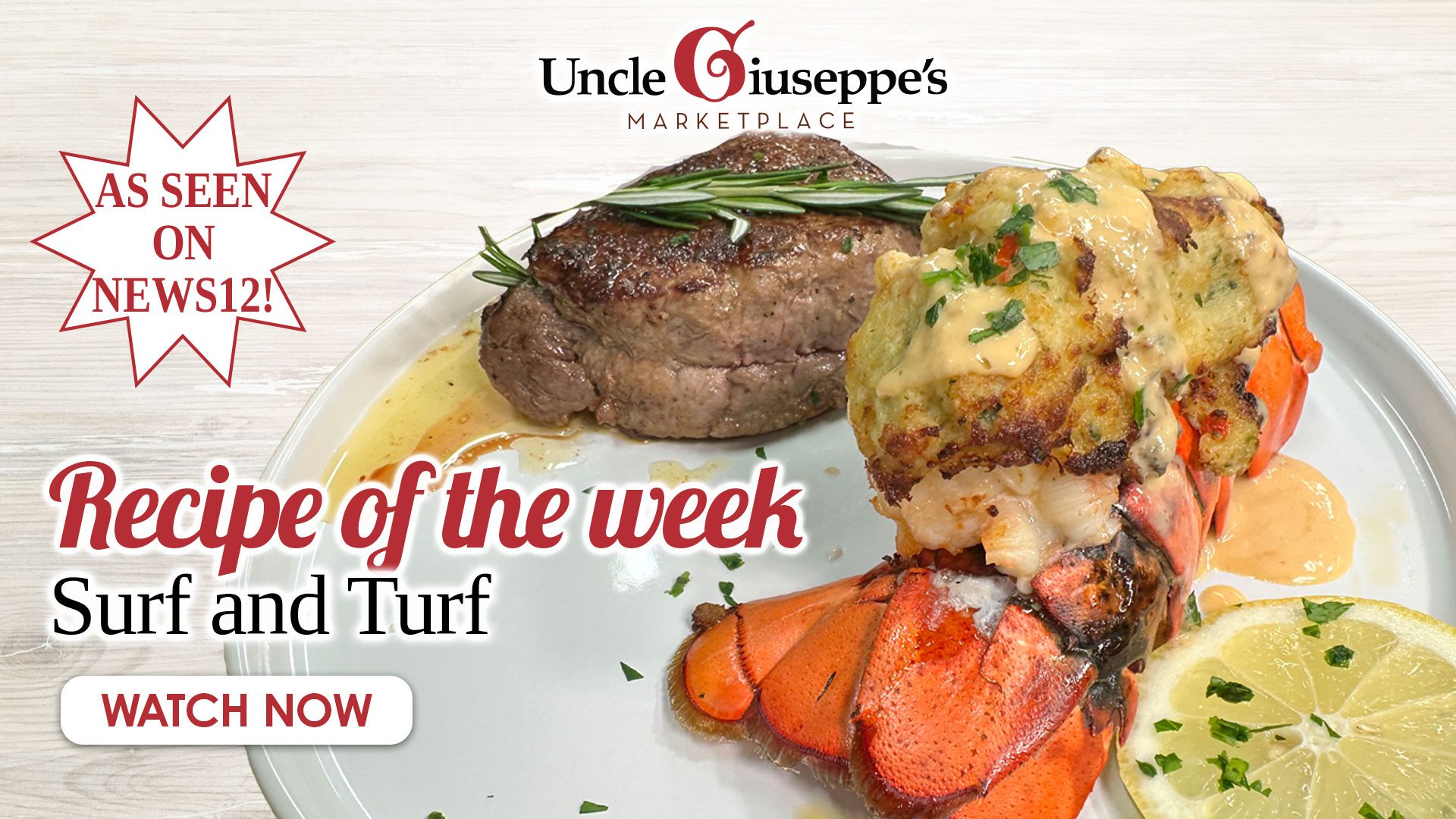 Stuffed lobster tail and filet mignon surf and turf on a white plate
