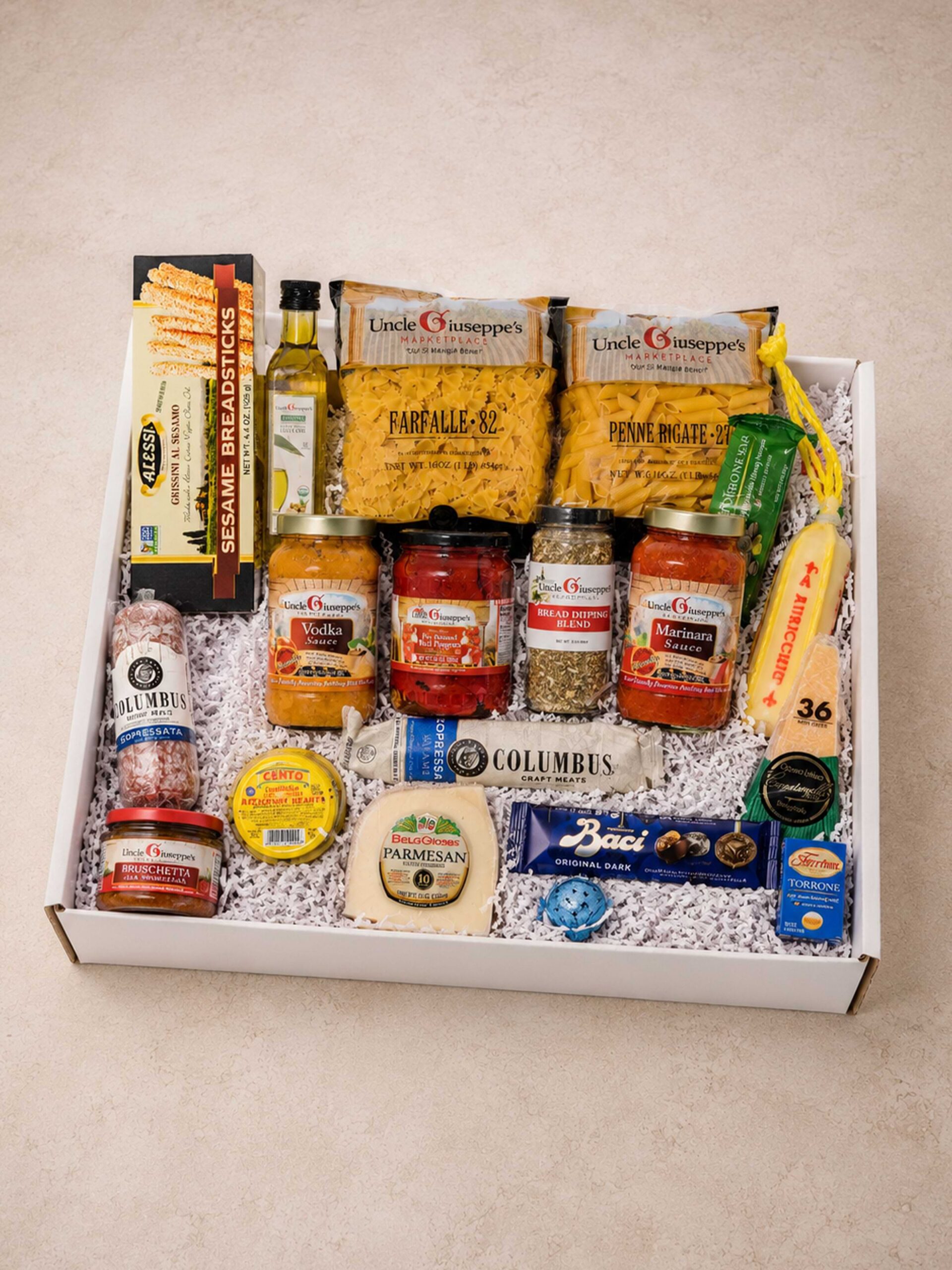 Uncle Giuseppe's Marketplace nationwide shipping gift box with premium Italian sauces, specialty pasta, and gourmet pantry items via Goldbelly