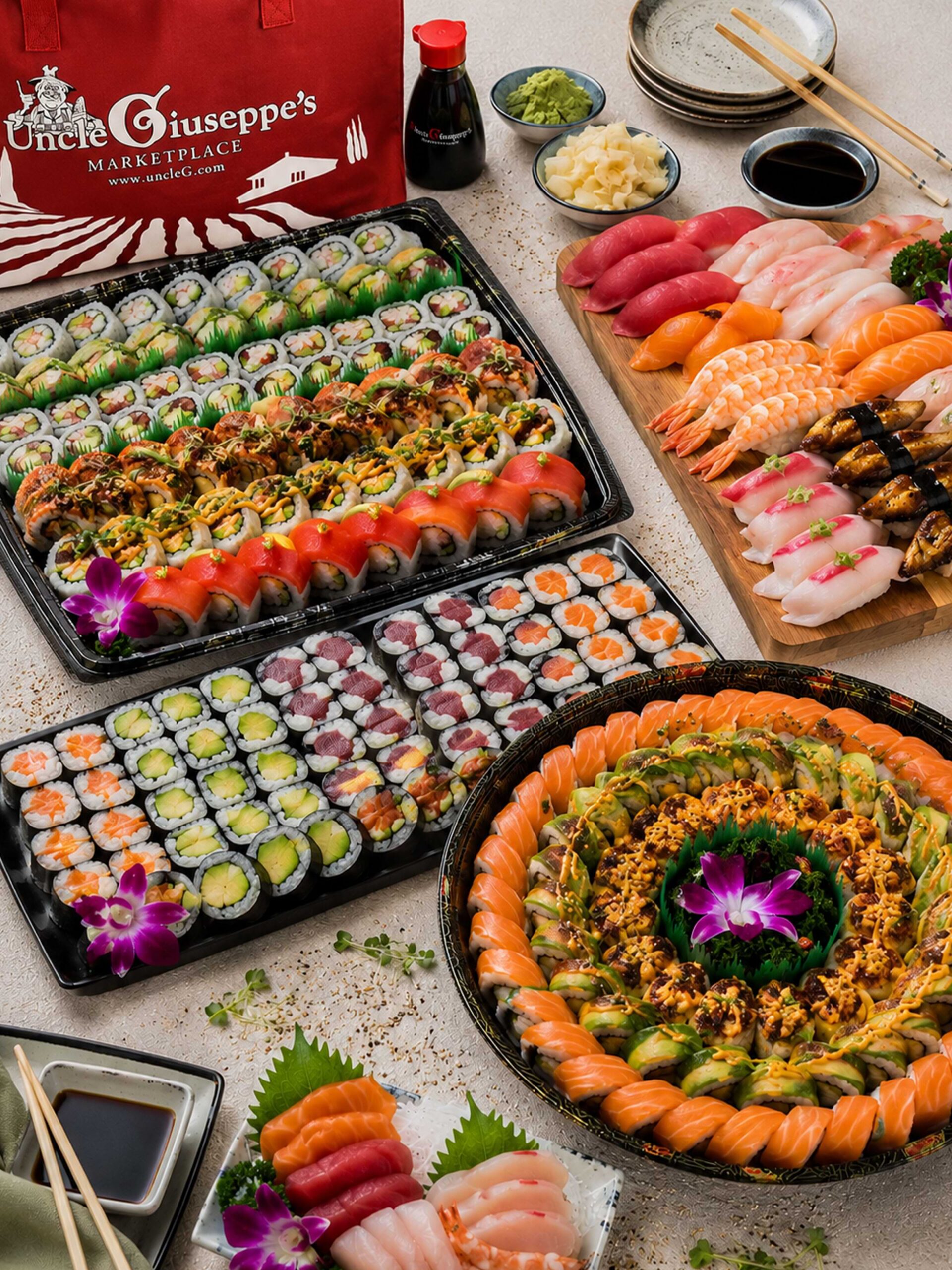Premium fresh-rolled sushi made daily with quality ingredients by skilled chefs at Uncle Giuseppe's Marketplace