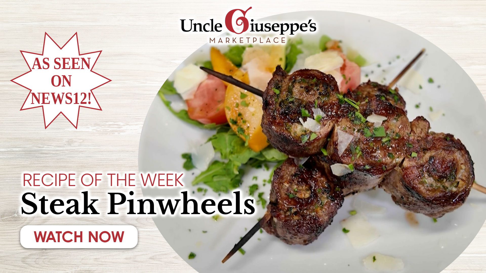 Uncle Giuseppe's Flank steak pinwheels recipe has steak rolled with pecorino, garlic, and fresh parsley, then grilled to perfection. This easy steak pinwheels recipe is the crowd-pleaser for your next BBQ.