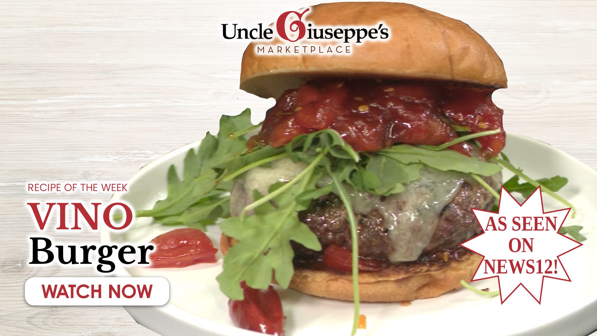 Grilled sirloin cheeseburger with melted Ubriacone wine-soaked cheese, sweet and spicy tomato jam, and fresh arugula on a toasted brioche bun, from Uncle Giuseppe's Marketplace
