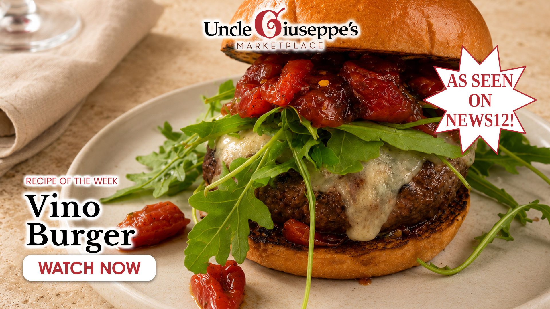 Grilled sirloin cheeseburger with melted Ubriacone wine-soaked cheese, sweet and spicy tomato jam, and fresh arugula on a toasted brioche bun, from Uncle Giuseppe's Marketplace