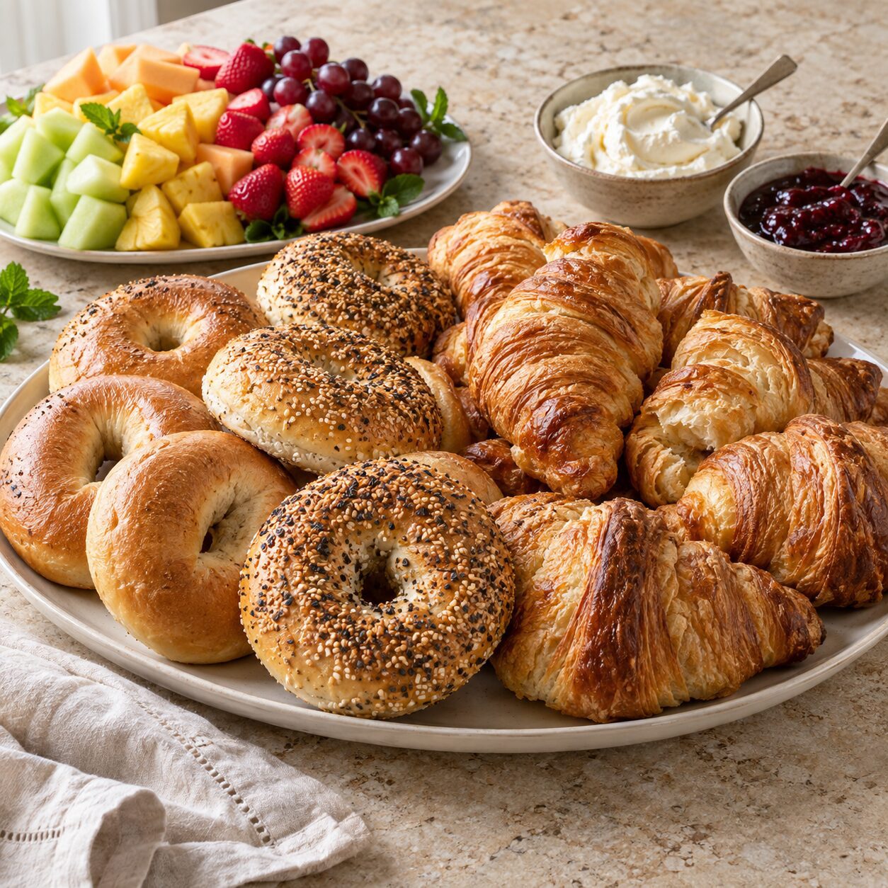 Breakfast catering spread with assorted bagels, croissants, fresh fruit, cream cheese and jam