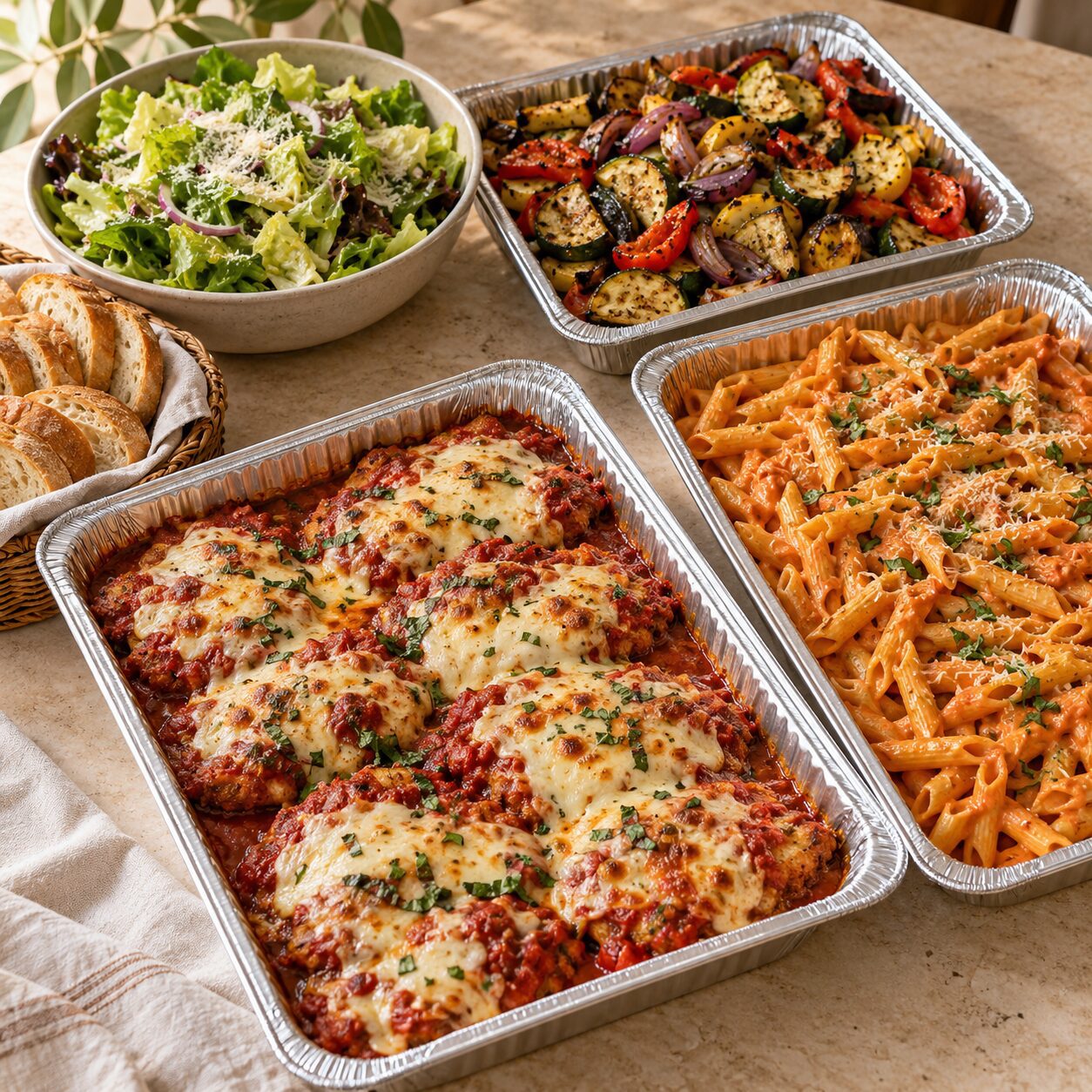 Italian catering buffet with chicken Parmesan, penne pasta, roasted vegetables, green salad and bread