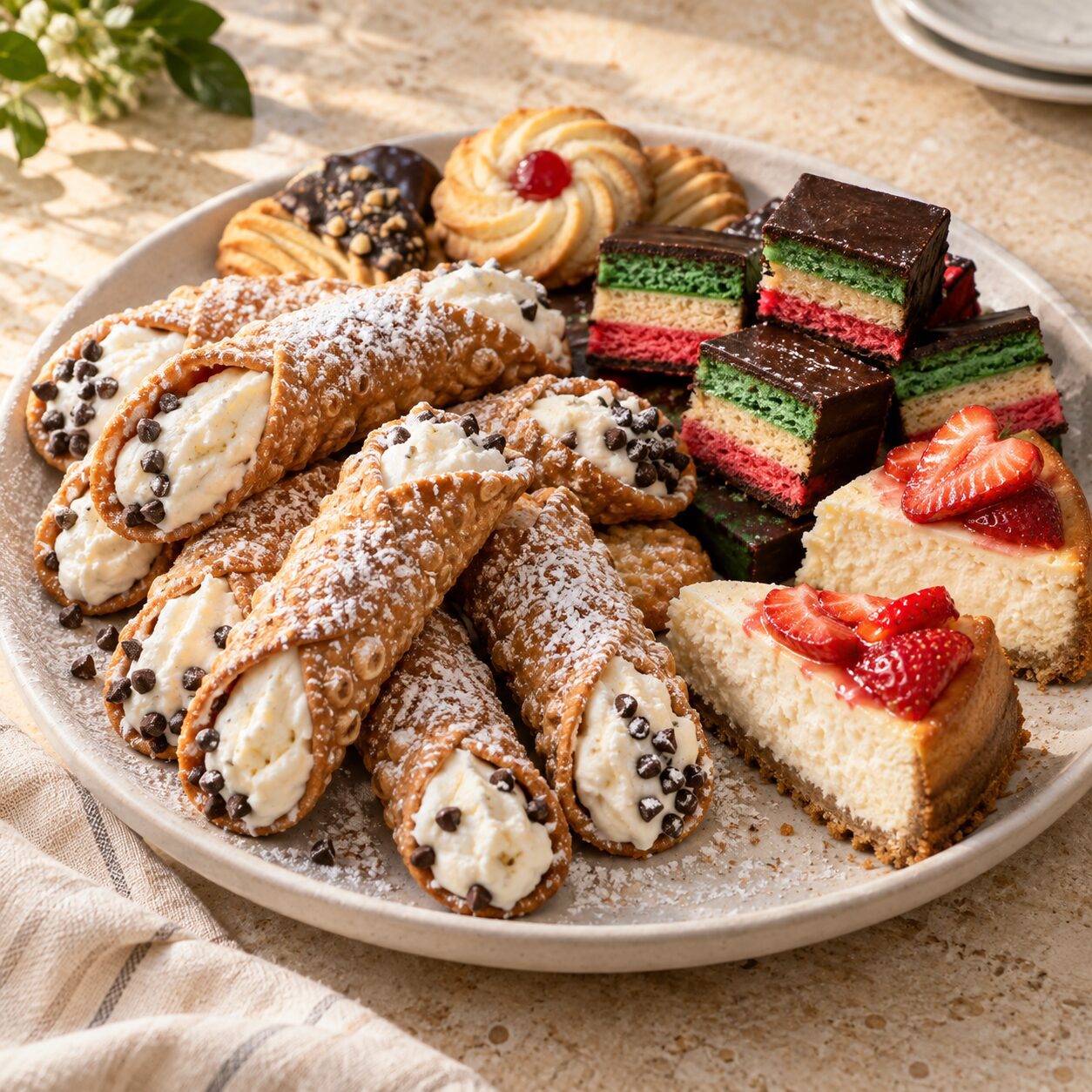 Italian dessert catering platter with cannoli, rainbow cookies, butter cookies and strawberry-topped cheesecake
