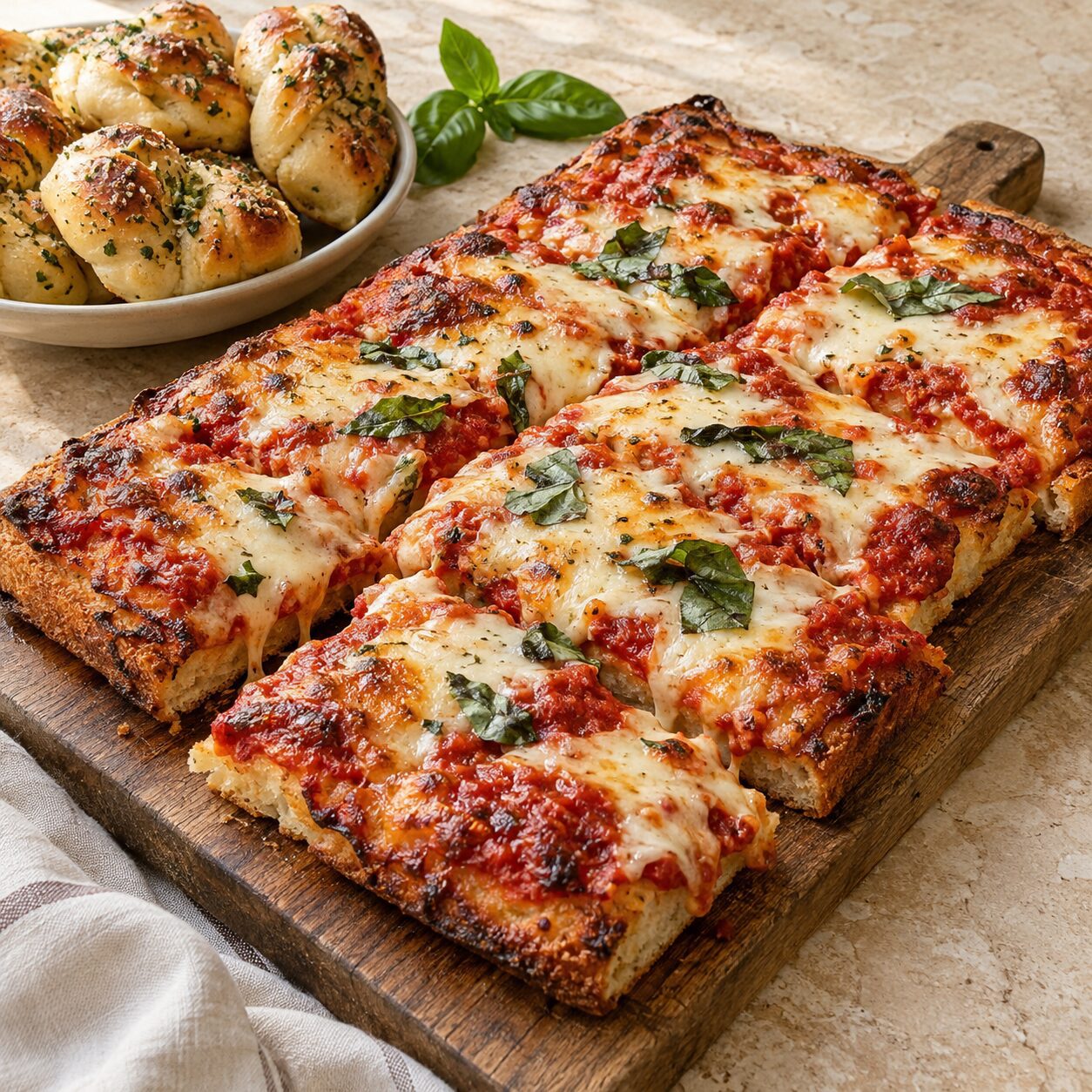 Sicilian pizza squares and garlic knots arranged on a catering platter from Uncle Giuseppe's catering