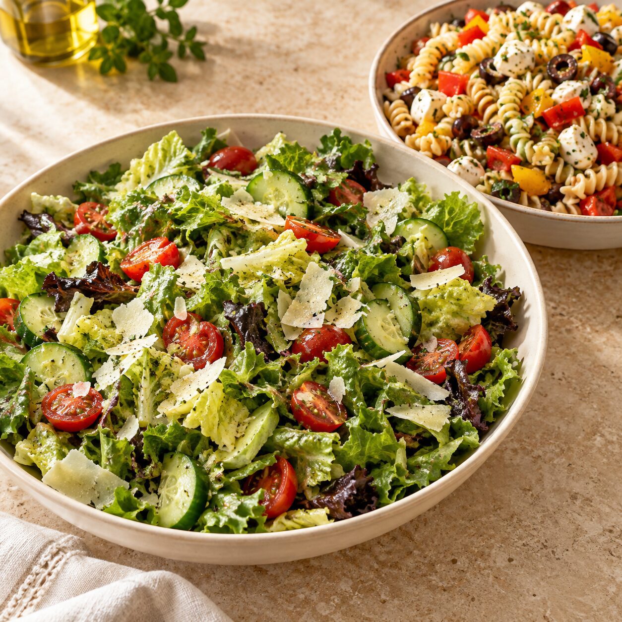 Fresh green salad and pasta salad bowls for a catered lunch or buffet from Uncle Giuseppe's catering