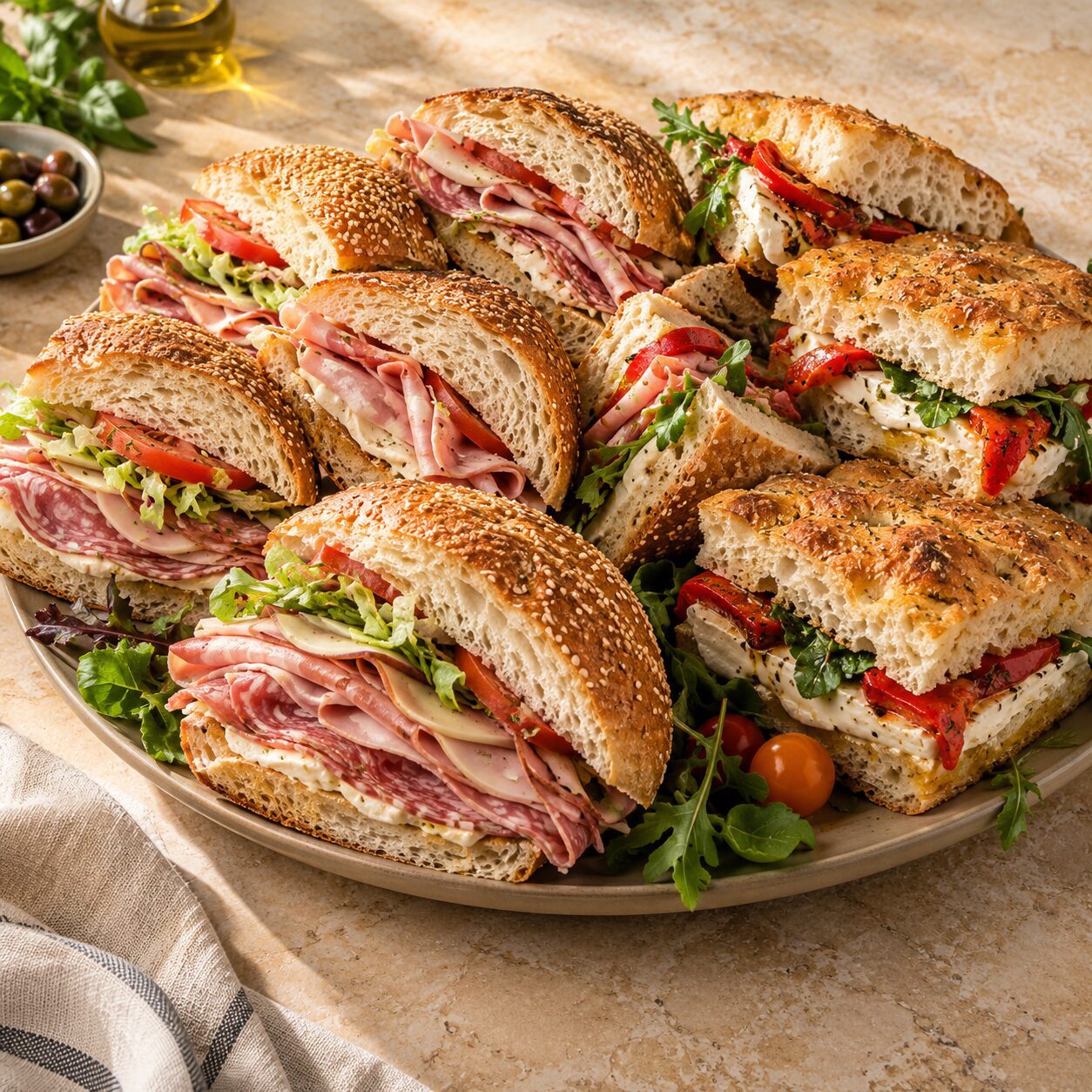 Italian party hero and focaccia sandwich platter with deli meats, cheese, lettuce and tomatoes from Uncle Giuseppe's Catering