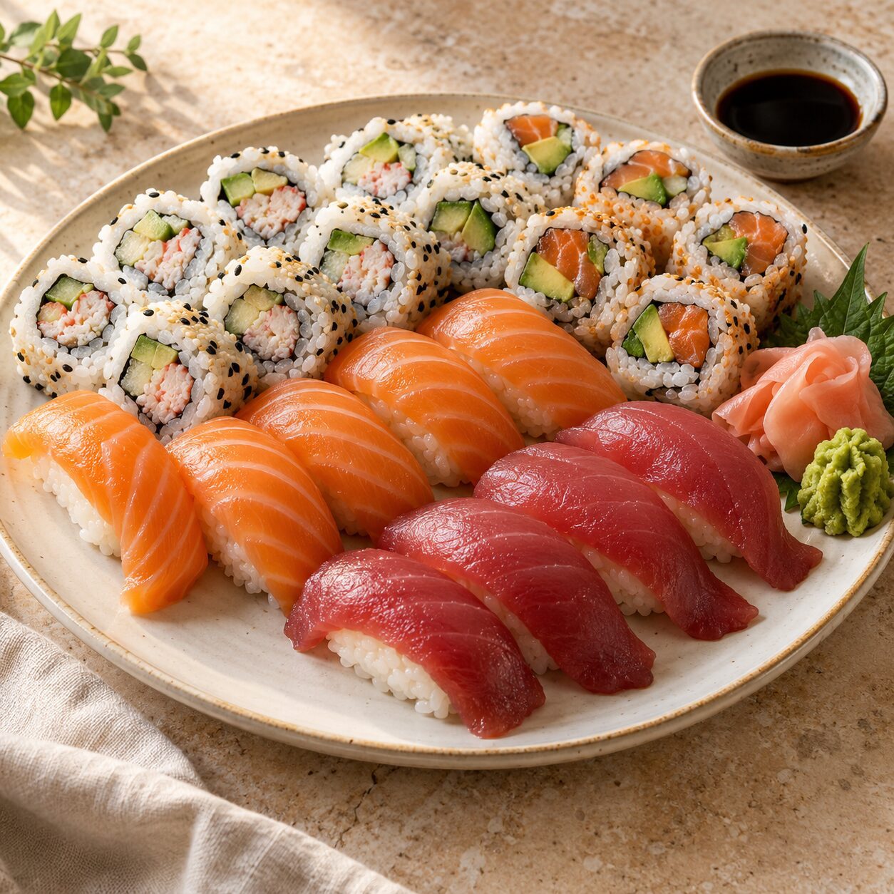 Sushi catering platter with salmon and tuna nigiri, California rolls, ginger and wasabi