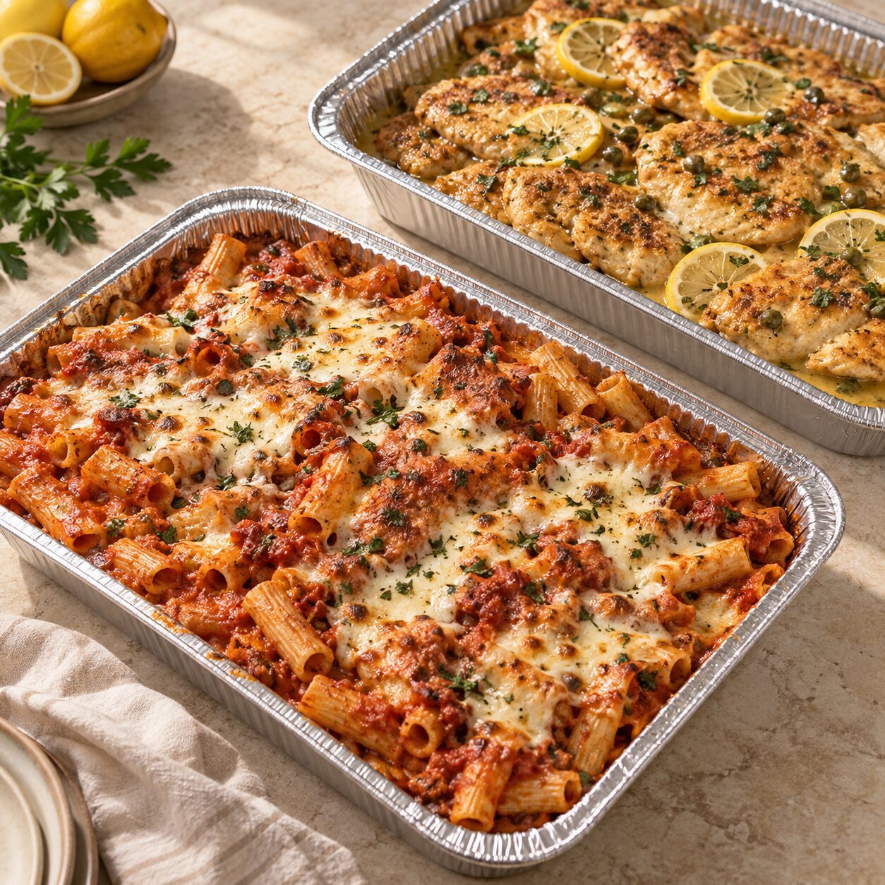 Hot catering trays of baked pasta and lemon chicken for an Uncle Giuseppe's Catering Italian buffet