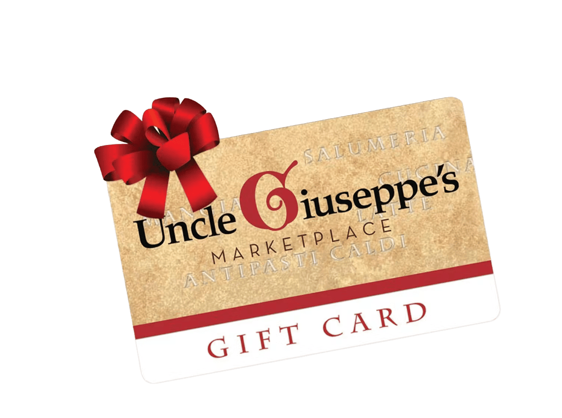 Uncle Giuseppe’s tan physical gift card with a red bow